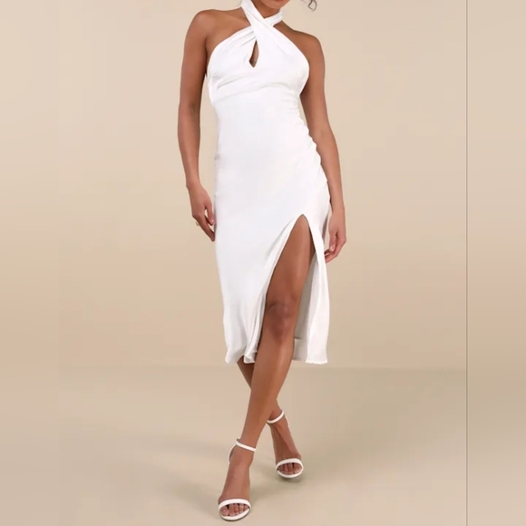 Lulus Beyond Classy White Satin Halter Midi Dress, XS - Picture 4 of 10
